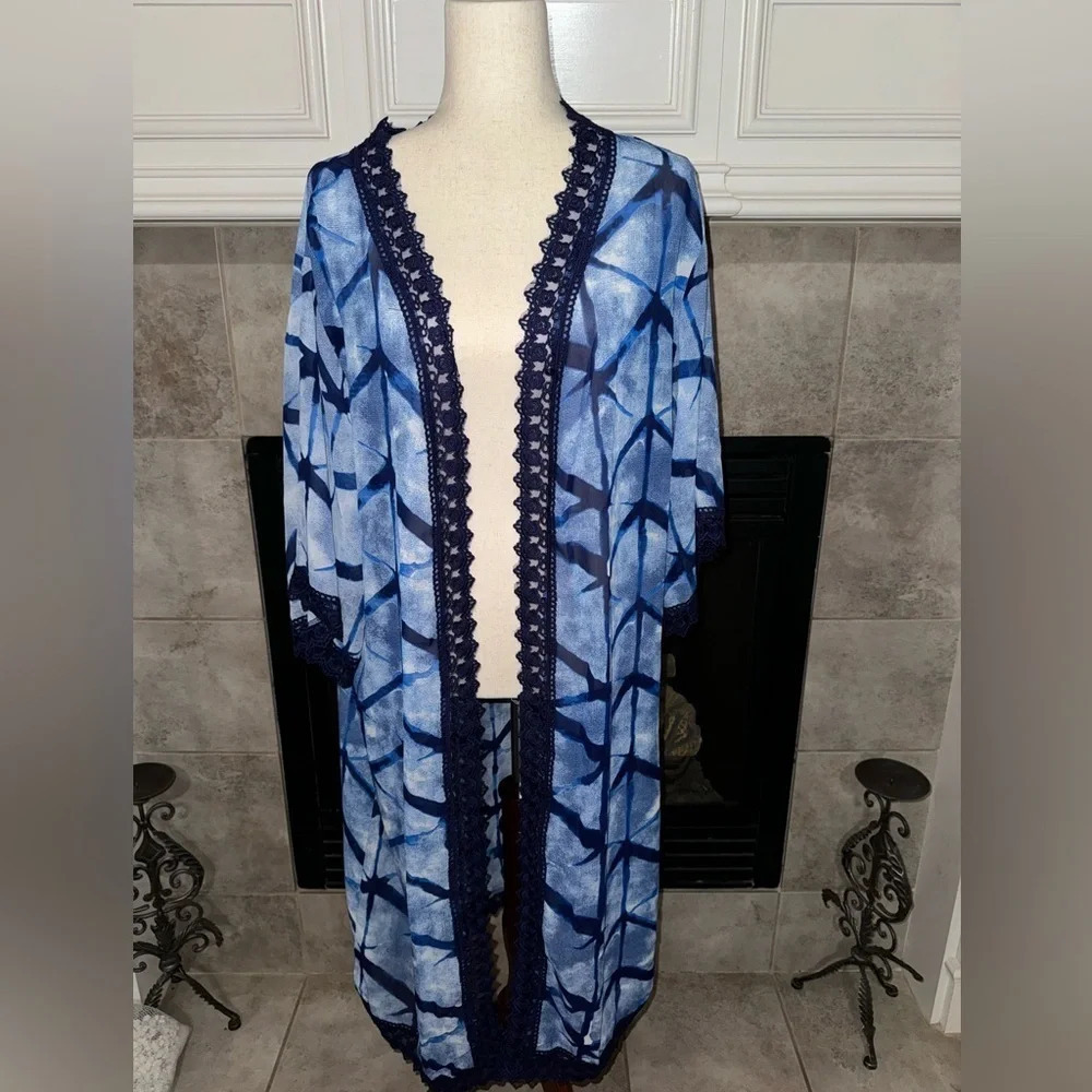 NWT LulaRoe Blue White Ocean Water Long Duster Crochet Lace Trim Womens M
